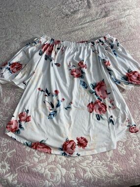 White Floral Elastic Waist Blouse with Pink Roses